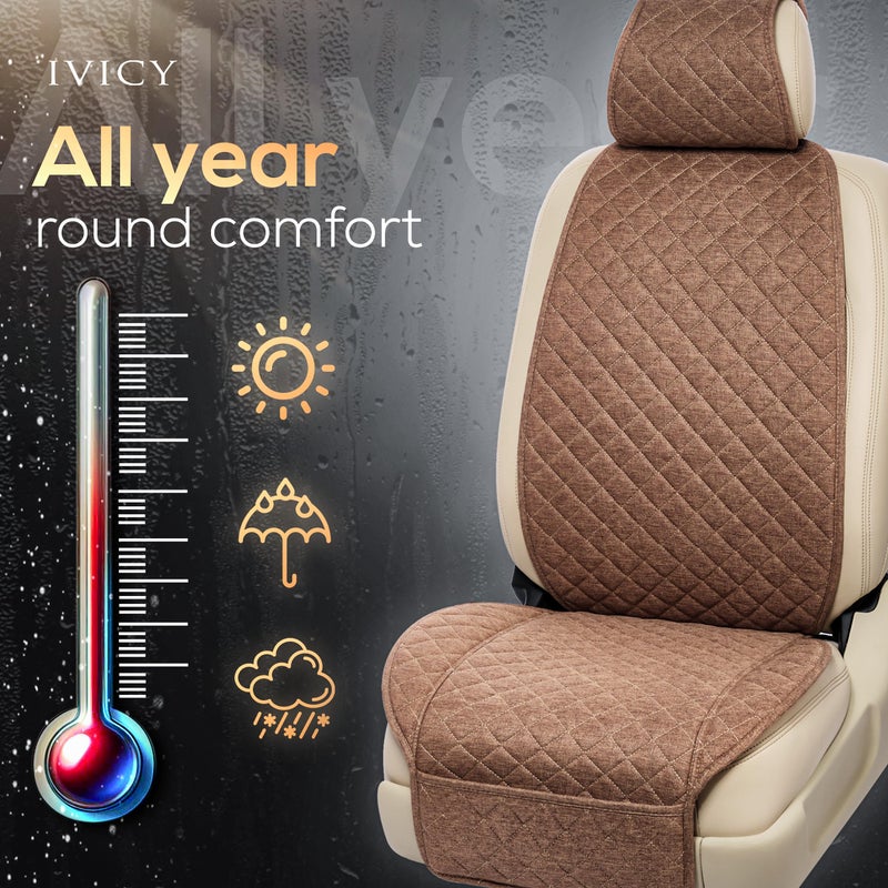 IVICY Linen Car Seat Cover for Cars - Non-Slip Soft & Breathable - Front Car Seat Protector Covers Universal Fits Most Automotive  Vans  SUVs  Trucks - 1 Unit - Brown - Image 4